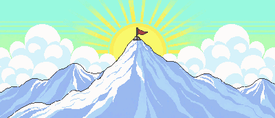 Cume nevado com uma bandeira vermelha, acima de um mar de nuvens, com o sol nascendo atrás